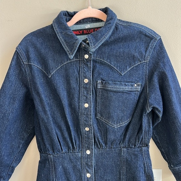 Only Blue Denim Button Snap Down Dress Dark Blue Long Sleeves Size Small - Picture 2 of 12
